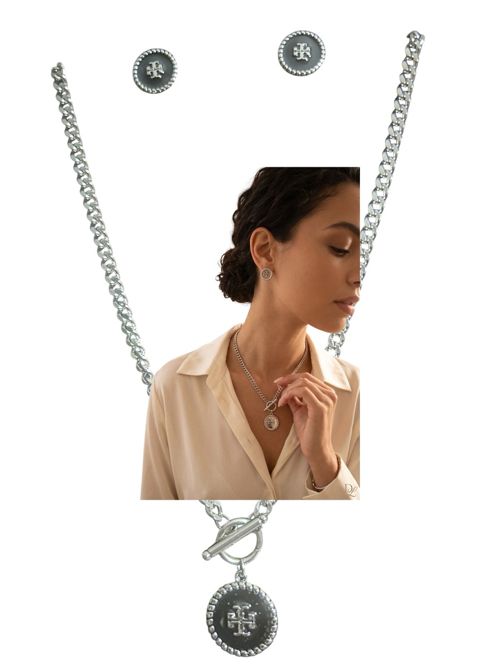 Fashion Jewelry Silver Tone Medallion Toggle Necklace with Studs